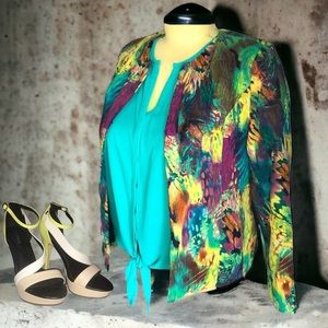 JONI B. Bright Tropical Abstract Print Textured Open Front Blazer